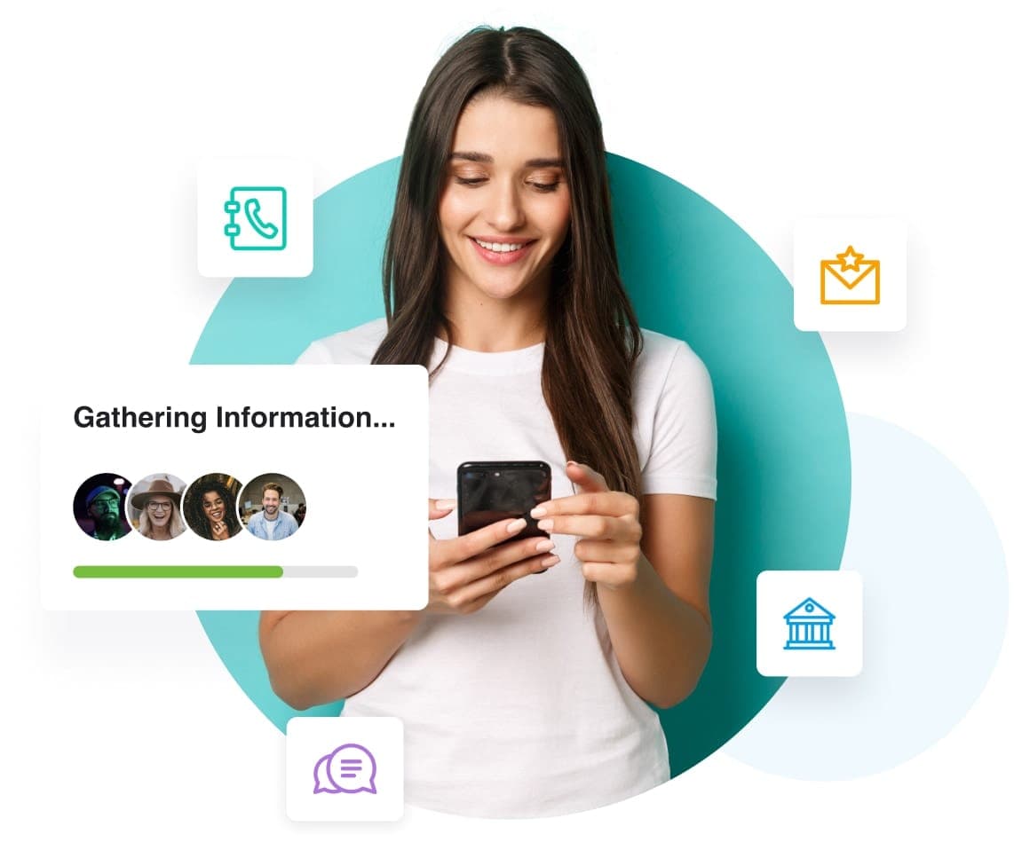 A cheerful woman joyfully using her phone to conduct a free people search on PeopleWin.